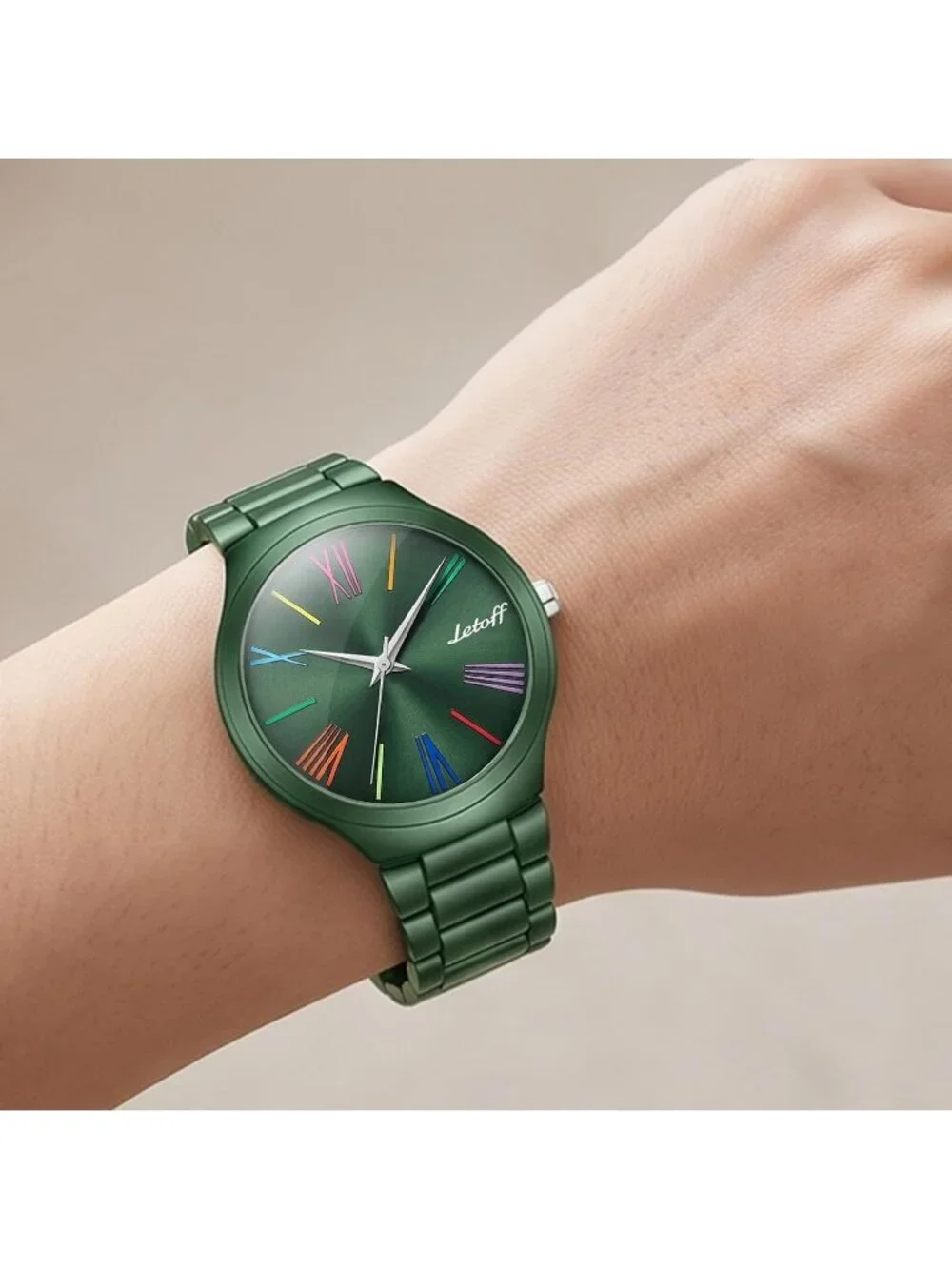 Women's Green Colorful Roman Numerals, Interchangeable Metal Strap Wrist Watches